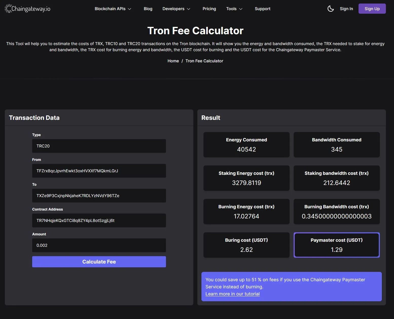 Tron Fee Calculator